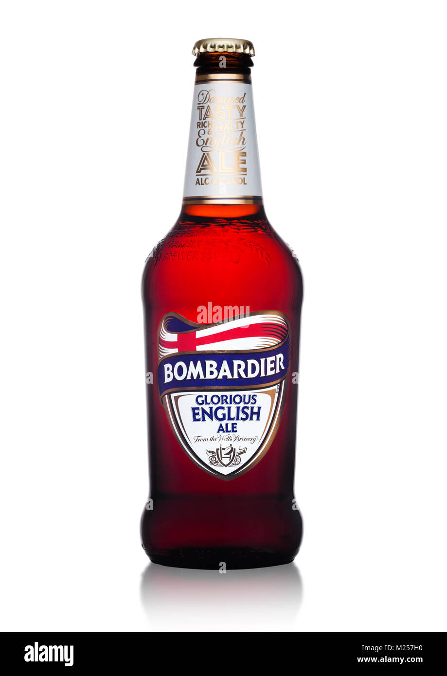 LONDON, UK - FEBRUARY 02, 2018: Cold bottle of Bombardier glorious english ale beer on white background. Stock Photo