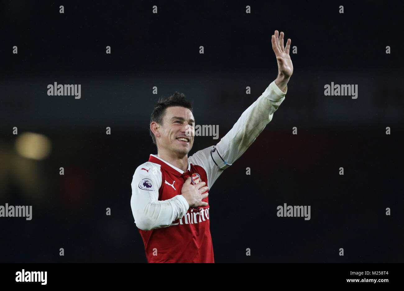 London, UK. 3rd Feb, 2018. Laurent Koscielny (A) at the Arsenal v Everton English Premier League match, at The Emirates Stadium, London, on February 3, 2018 **THIS PICTURE IS FOR EDITORIAL USE ONLY** Credit: Paul Marriott/Alamy Live News Stock Photo