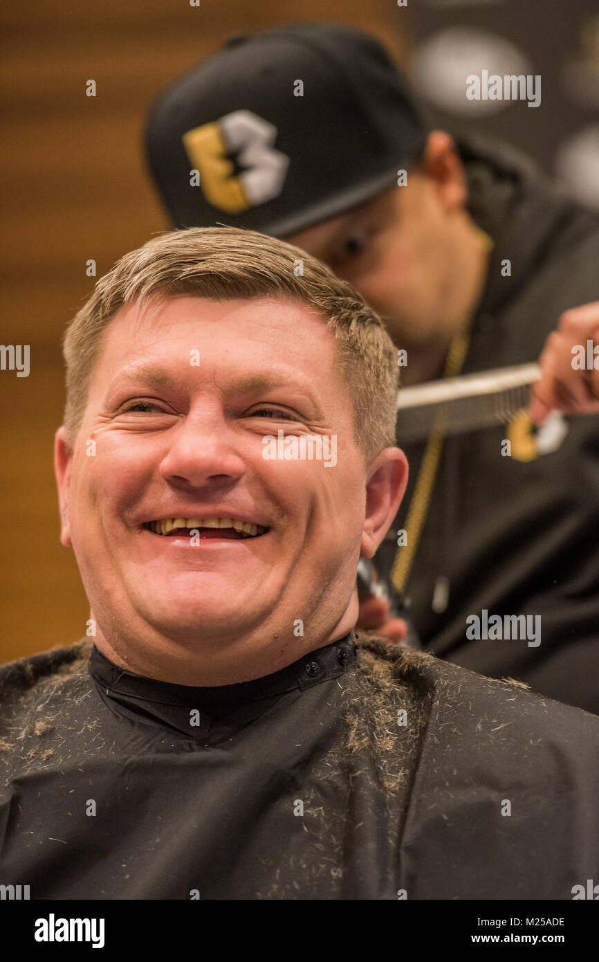 London, UK. 5th February, 2018. Ricky Hatton gets a quick haircut before the launch. The official launch of ULTIMATE BOXER, Britain’s first Boxing Entertainment brand, at ME London Hotel. The single elimination format, approved by the British Boxing Board of Control, will give young untapped talented British professional-boxers life changing career opportunities, with large cash prizes on offer for the tournament champion. Credit: Guy Bell/Alamy Live News Stock Photo