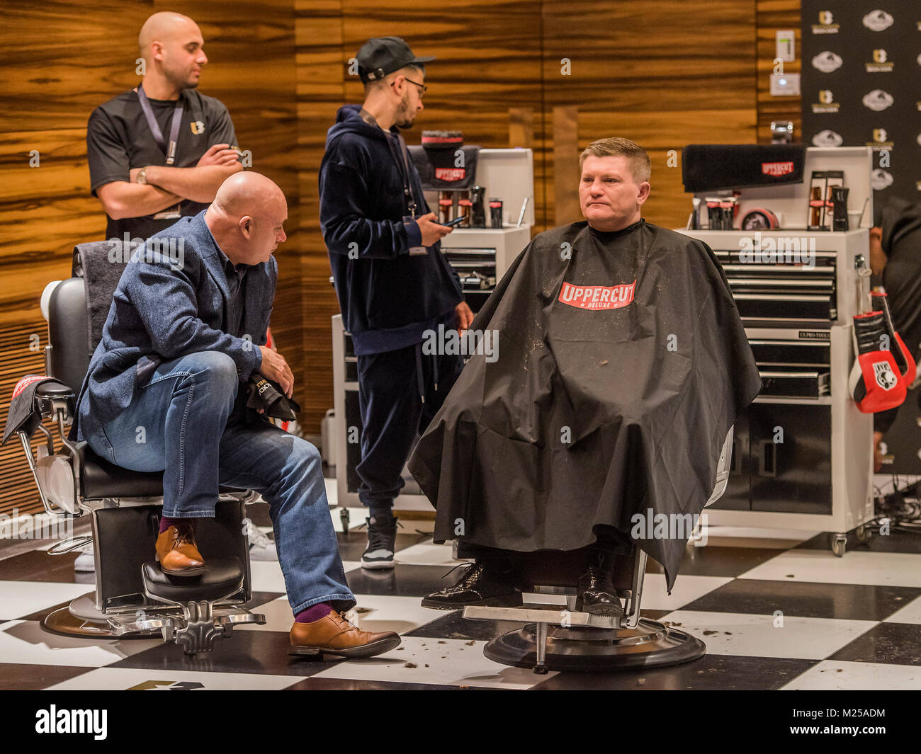 London, UK. 5th February, 2018. Ricky Hatton gets a quick haircut before the launch. The official launch of ULTIMATE BOXER, Britain’s first Boxing Entertainment brand, at ME London Hotel. The single elimination format, approved by the British Boxing Board of Control, will give young untapped talented British professional-boxers life changing career opportunities, with large cash prizes on offer for the tournament champion. Credit: Guy Bell/Alamy Live News Stock Photo