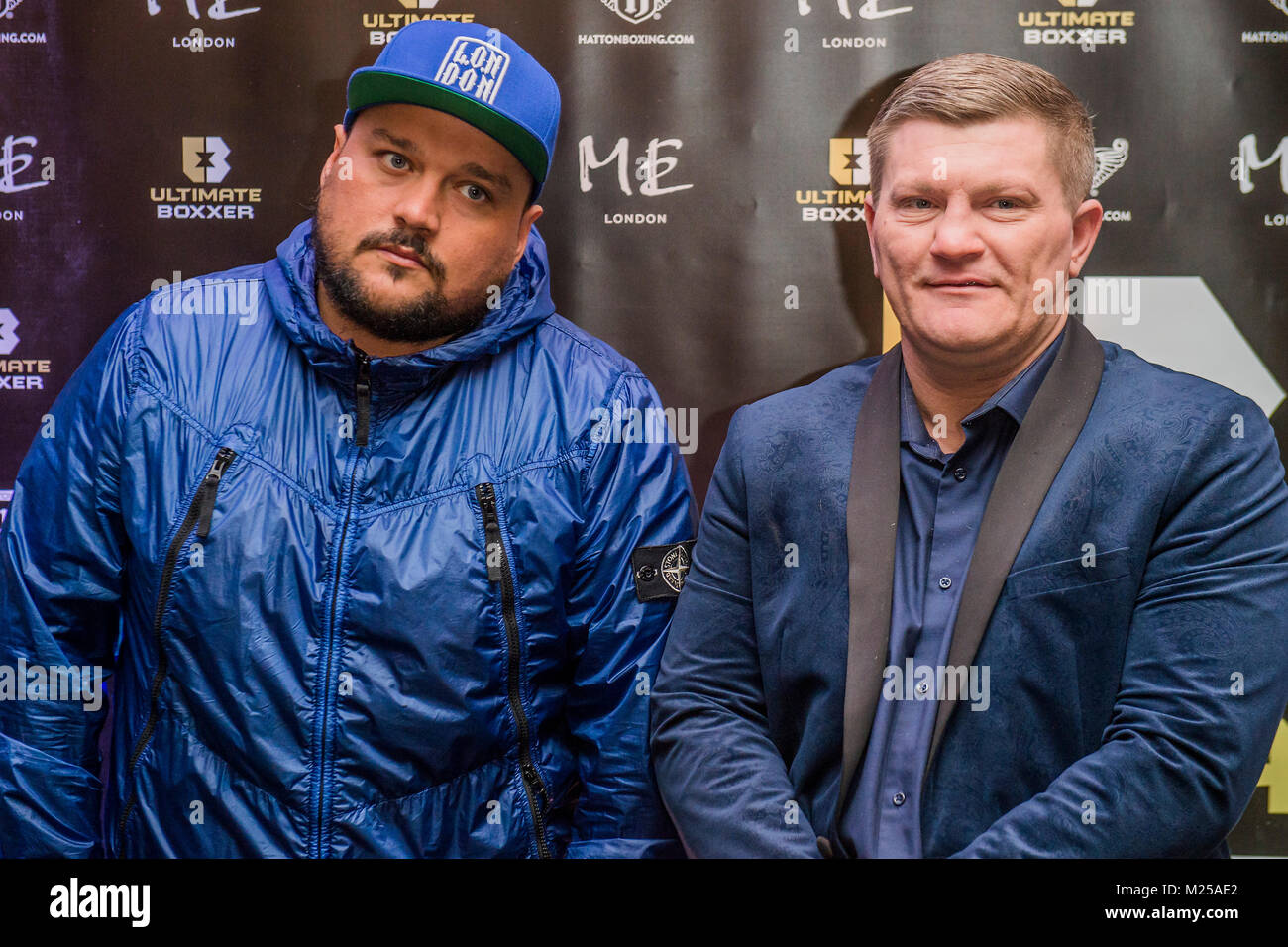 London, UK. 5th February, 2018. DJ Charlie Sloth with Ricky Hatton - The official launch of ULTIMATE BOXER, Britain’s first Boxing Entertainment brand, at ME London Hotel. The single elimination format, approved by the British Boxing Board of Control, will give young untapped talented British professional-boxers life changing career opportunities, with large cash prizes on offer for the tournament champion. Credit: Guy Bell/Alamy Live News Stock Photo