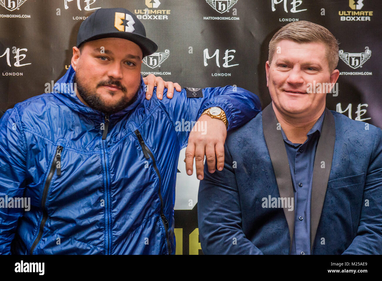 London, UK. 5th February, 2018. DJ Charlie Sloth with Ricky Hatton - The official launch of ULTIMATE BOXER, Britain’s first Boxing Entertainment brand, at ME London Hotel. The single elimination format, approved by the British Boxing Board of Control, will give young untapped talented British professional-boxers life changing career opportunities, with large cash prizes on offer for the tournament champion. Credit: Guy Bell/Alamy Live News Stock Photo
