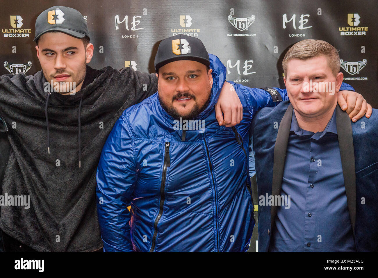 London, UK. 5th February, 2018. Benjamin Shalkon (founder), DJ Charlie Sloth with Ricky Hatton - The official launch of ULTIMATE BOXER, Britain’s first Boxing Entertainment brand, at ME London Hotel. The single elimination format, approved by the British Boxing Board of Control, will give young untapped talented British professional-boxers life changing career opportunities, with large cash prizes on offer for the tournament champion. Credit: Guy Bell/Alamy Live News Stock Photo