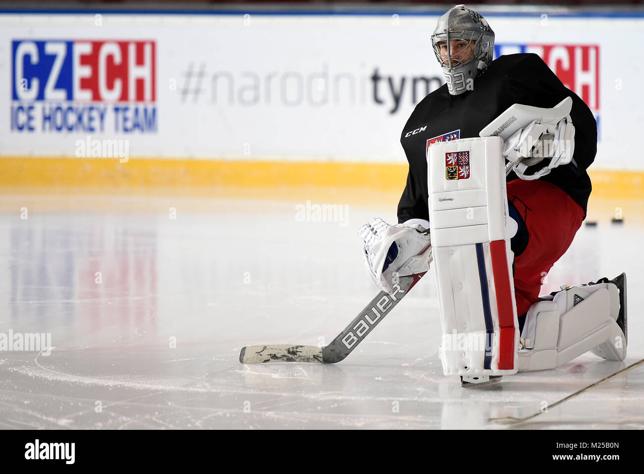 Prague, Czech Republic. 04th Feb, 2018. The Czech national team goalkeeper Pavel Francouz attends a training session in Prague, Czech Republic, on Sunday, February 4, 2018, prior to the 2018 Winter Olympics in Pyeongchang, South Korea. Credit: Ondrej Deml/CTK Photo/Alamy Live News Stock Photo