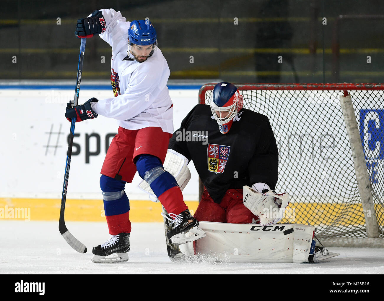 Prague, Czech Republic. 04th Feb, 2018. The Czech national team player Michal Birner and goalkeeper Dominik Furch attends a training session in Prague, Czech Republic, on Sunday, February 4, 2018, prior to the 2018 Winter Olympics in Pyeongchang, South Korea. Credit: Ondrej Deml/CTK Photo/Alamy Live News Stock Photo