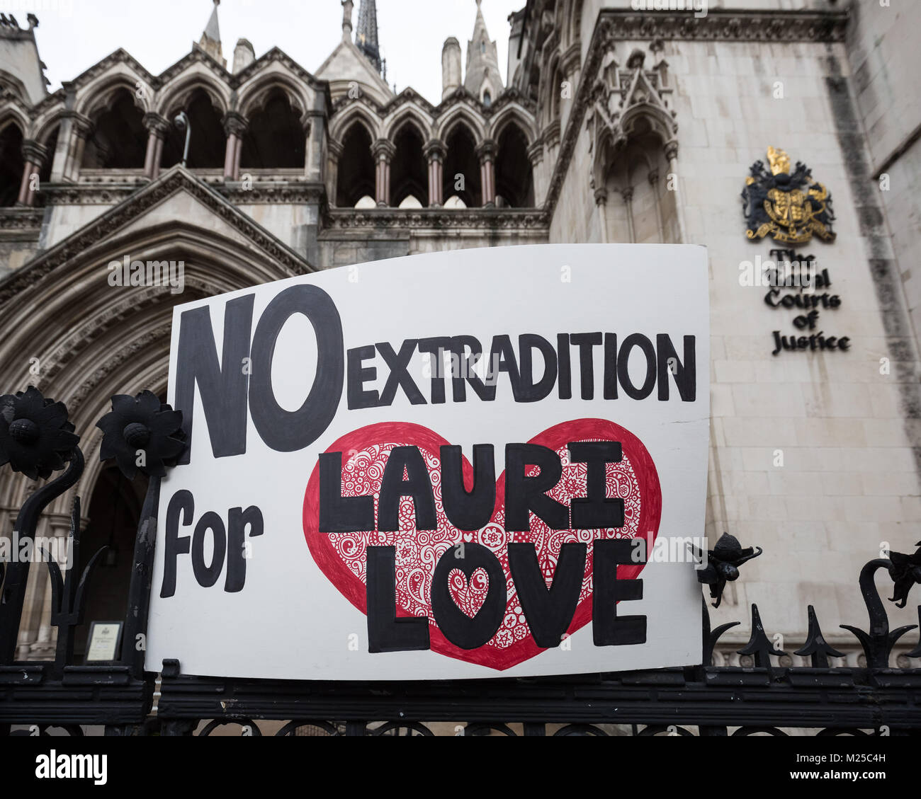 London, UK. 5th Feb, 2018. Supporters of Lauri Love outside The Royal Courts of Justice on the day of his extradition verdict. Love is charged with masterminding a 2013 cyber-attack by Anonymous on US government websites. Credit: Guy Corbishley/Alamy Live News Stock Photo