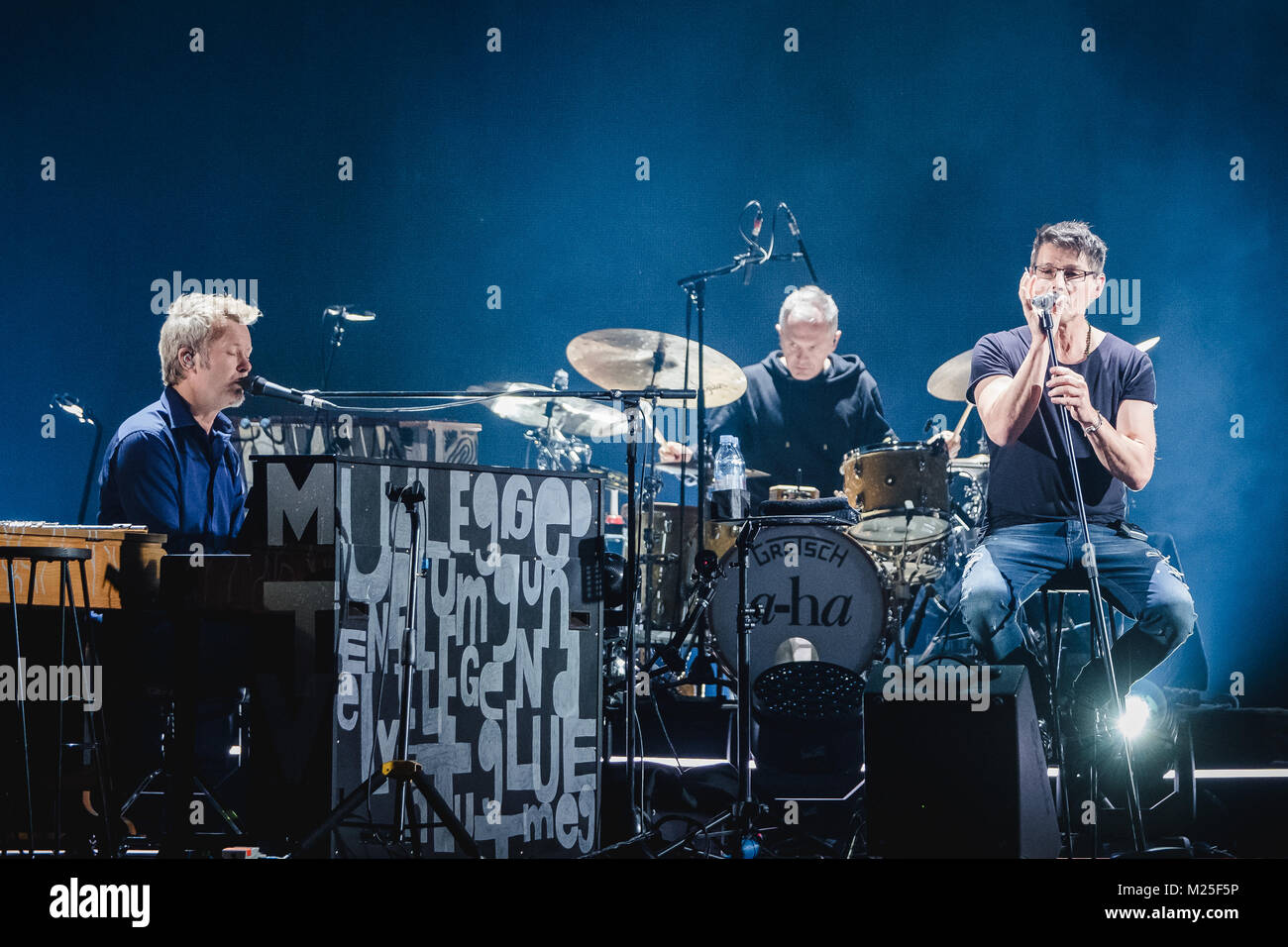 Zurich, Switzerland. 5th February, 2018. The Norwegian pop group a-ha  performs a live concert at Hallenstadion in Zürich as part of the a-ha MTV  Unplugged Tour 2018. Here singer and songwriter Morten