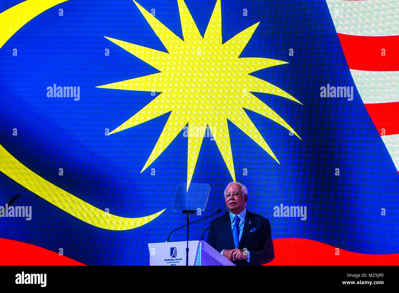 KUALA LUMPUR, MALAYSIA - FEBRUARY 06: Malaysia Prime Minister Najib Razak give a speech during World Capital Market Symposium 2018 in Kuala Lumpur on February 6, 2018. According to Najib Razak speech Malaysia has always been an example of stability and moderation, open to friendship with all, in keeping with our past as a seafaring, trading nation, a multi-ethnic. Malaysia became the first country in ASEAN to estabilish diplomatic relations with China also have signed comprehensive and strategic partnership with a number of countries, including teh United States, India, China and Japan . (Phot Stock Photo
