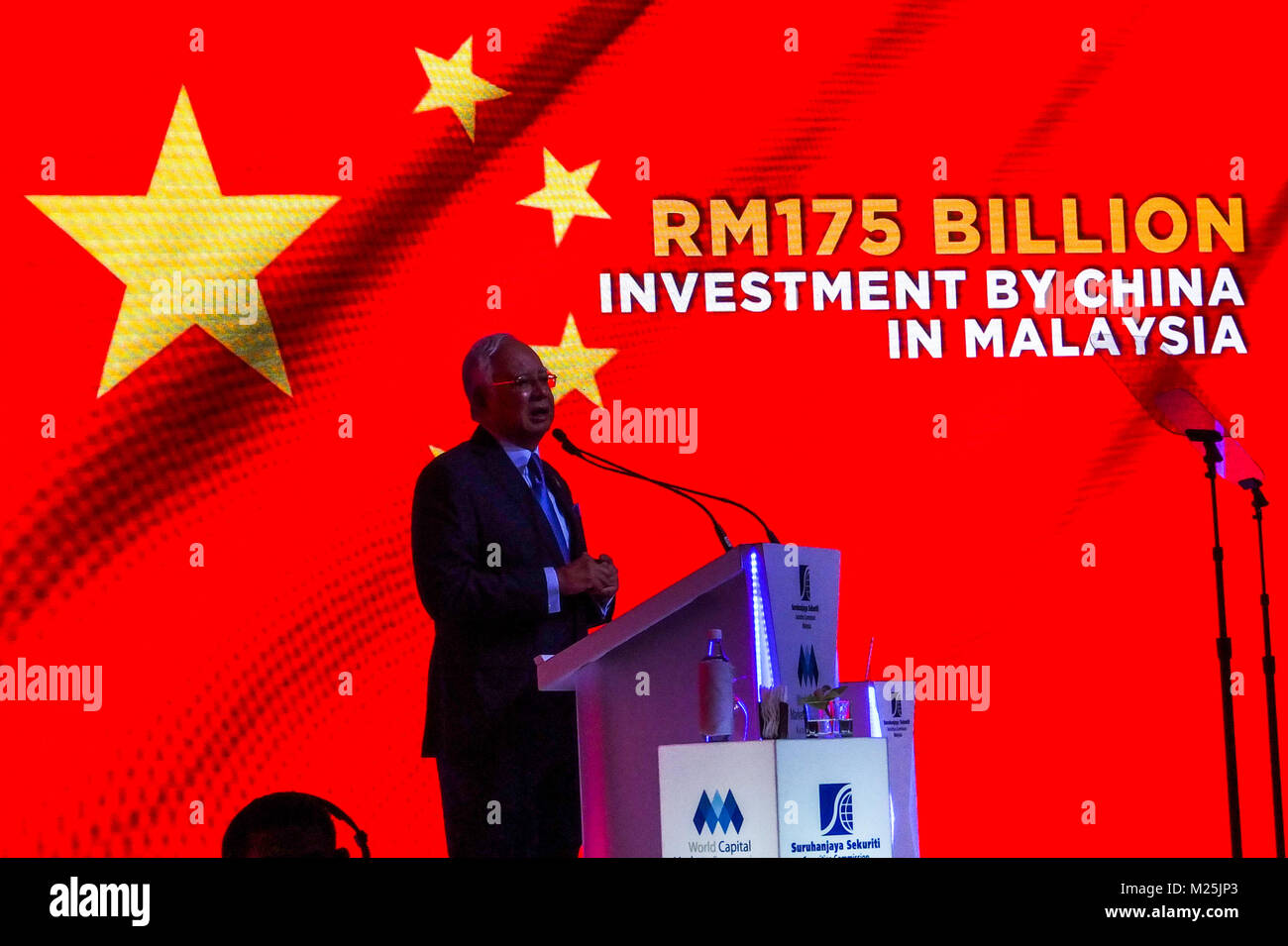 KUALA LUMPUR, MALAYSIA - FEBRUARY 06: Malaysia Prime Minister Najib Razak give a speech during World Capital Market Symposium 2018 in Kuala Lumpur on February 6, 2018. According to Najib Razak speech Malaysia has always been an example of stability and moderation, open to friendship with all, in keeping with our past as a seafaring, trading nation, a multi-ethnic. Malaysia became the first country in ASEAN to estabilish diplomatic relations with China also have signed comprehensive and strategic partnership with a number of countries, including teh United States, India, China and Japan . (Phot Stock Photo