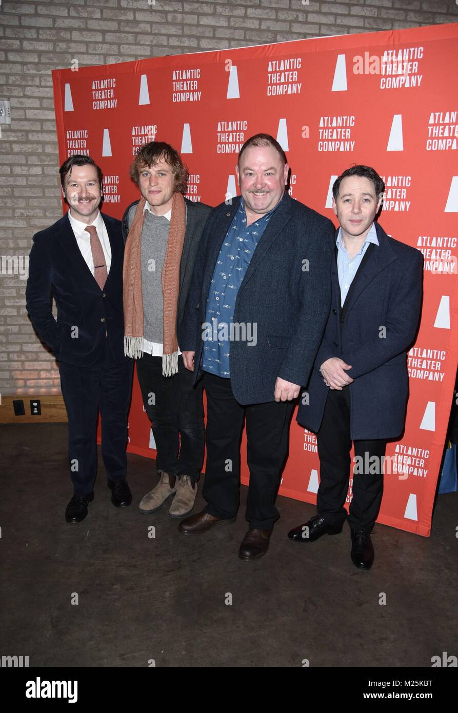 New York, NY, USA. 5th Feb, 2018. Billy Carter, Johnny Flynn, Mark Addy, Reece Shersmith at arrivals for HANGMEN Opening Night Curtain Call and Party, Linda Gross Theater, New York, NY February 5, 2018. Credit: Derek Storm/Everett Collection/Alamy Live News Stock Photo