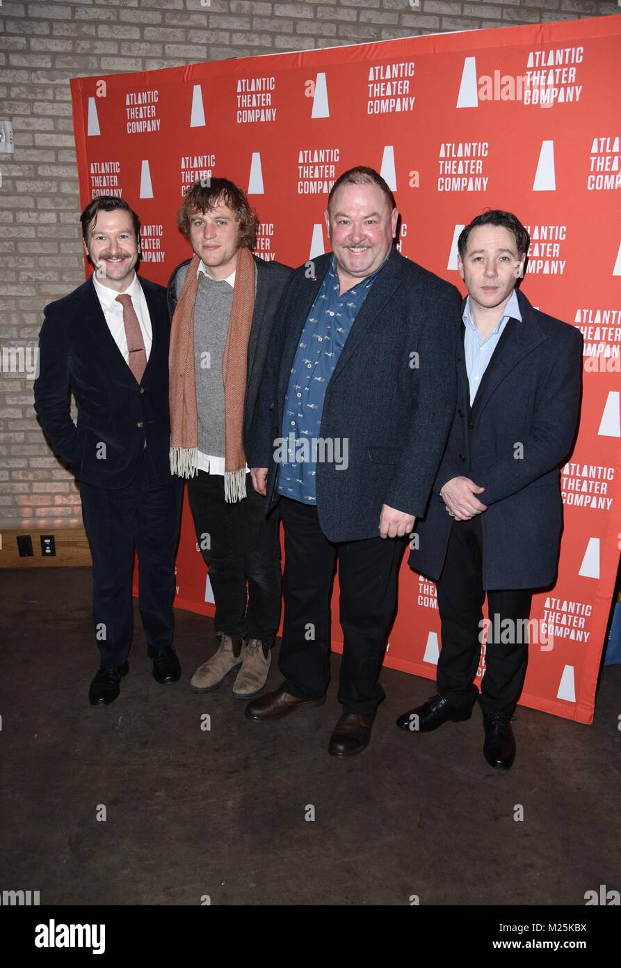New York, NY, USA. 5th Feb, 2018. Billy Carter, Johnny Flynn, Mark Addy, Reece Shersmith at arrivals for HANGMEN Opening Night Curtain Call and Party, Linda Gross Theater, New York, NY February 5, 2018. Credit: Derek Storm/Everett Collection/Alamy Live News Stock Photo