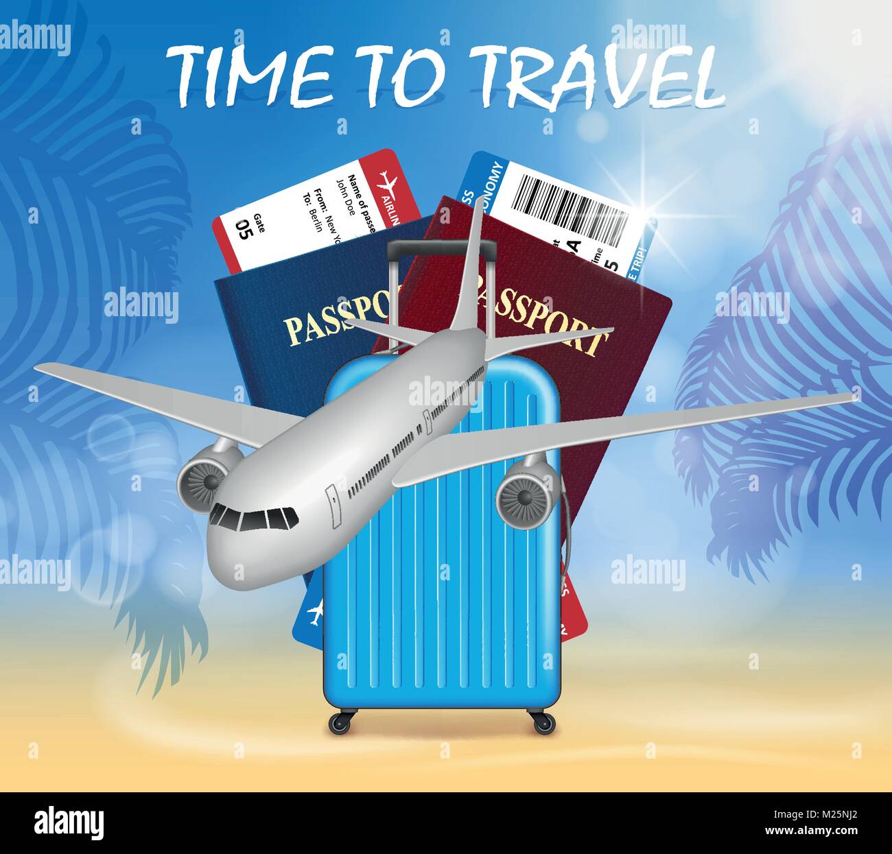 World travel and tourism concept. Banner in tourism theme with airplane on  palm beach summer background. Travel agency advertisement airplane poster  design. Vector Illustration Stock Vector Image & Art - Alamy