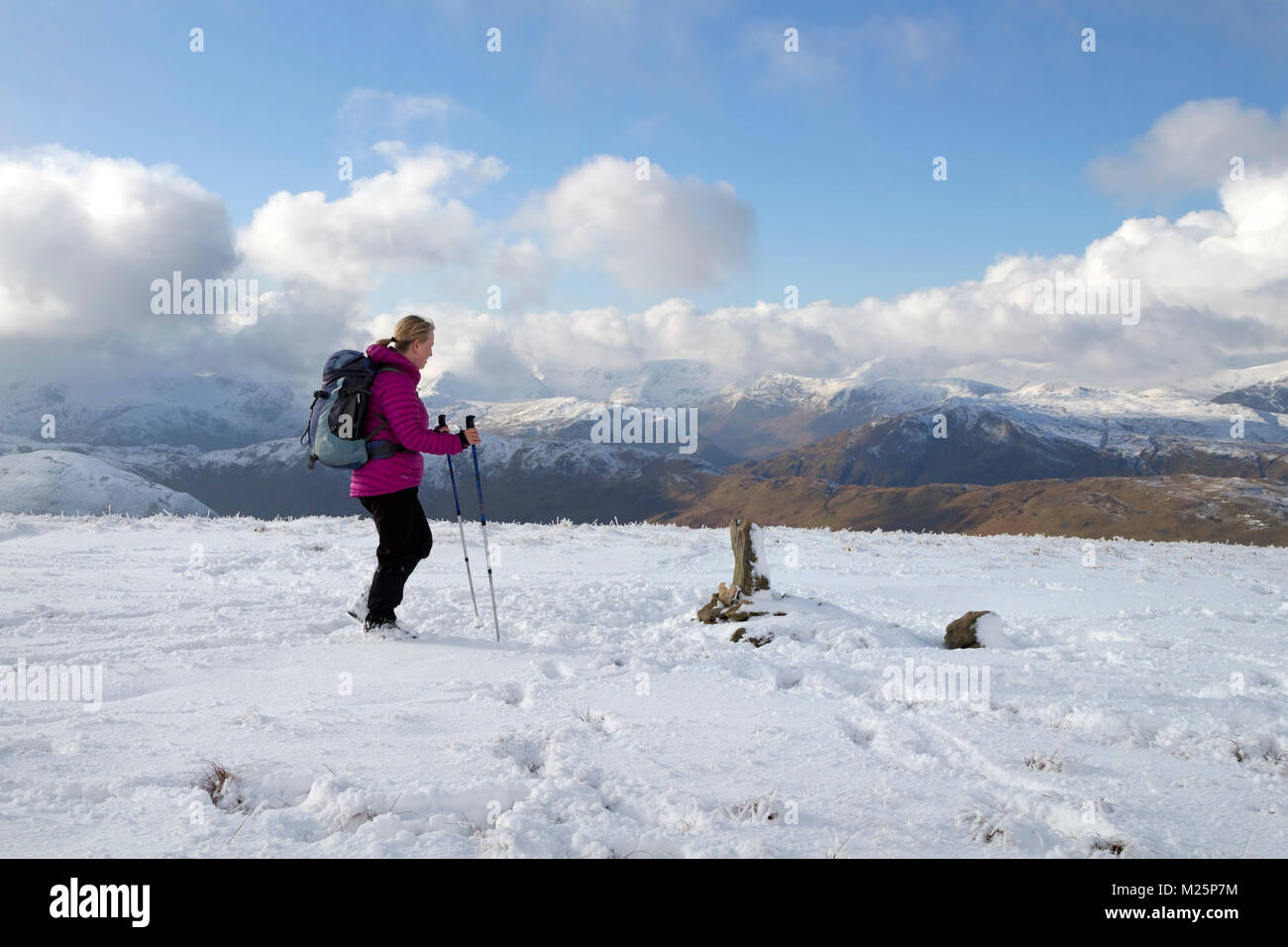 Hill Walker Approaching the Summit of Wether Hill in Winter, With the Mountains of the Helvellyn Range Beyond, Lake District, Cumbria, UK. Stock Photo