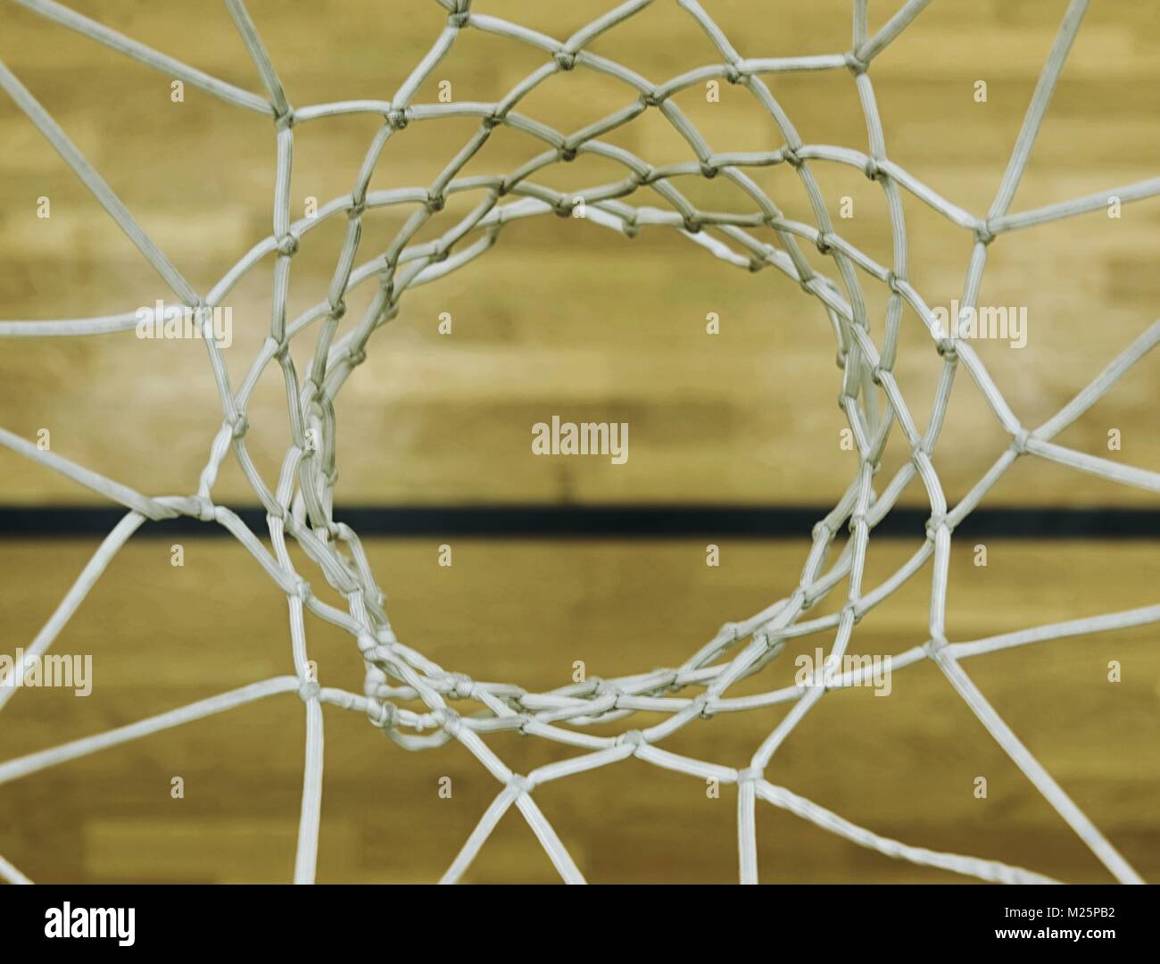 View from up through basketball hoop, school sporting wooden board at