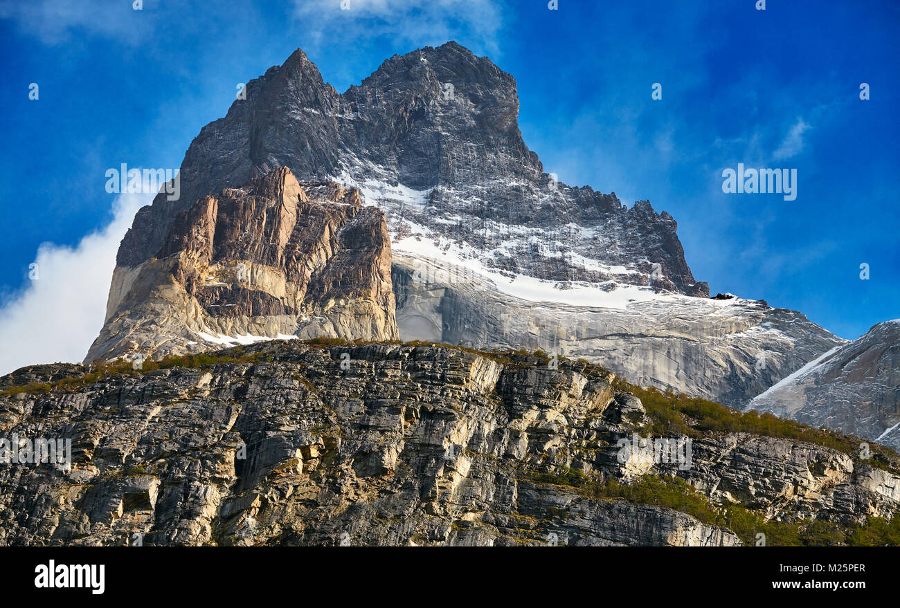 Close up picture of the Cuernos del Paine rock formations in the Torres del Paine National Park, Chile. Stock Photo