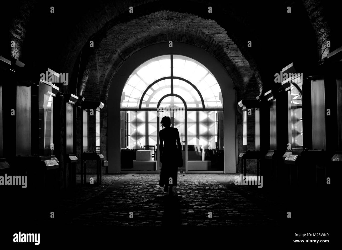 Black and white silhouette of a woman in a museum Stock Photo