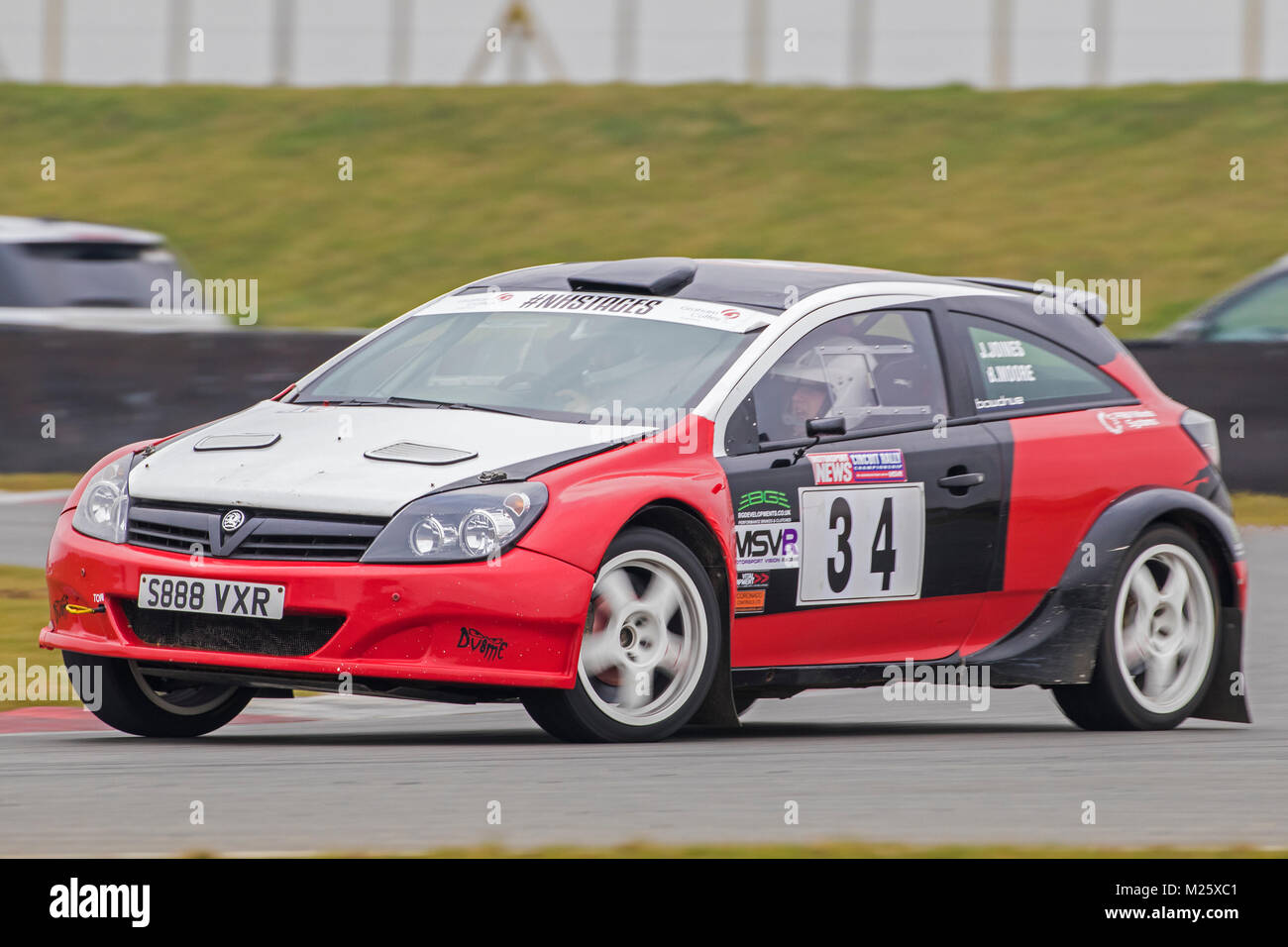 Vauxhall Astra VXR with driver Ben Moore and co-driver Jordan Joines at the Motorsport News Circuit Rally Championship, Snetterton, Norfolk, UK. Stock Photo