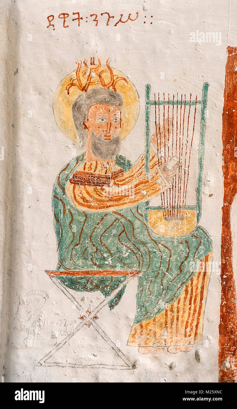 King David is playing the lyre, fresco in the interior of the rock-hewn church Daniel Qorqor, Gheralta region, Tigray, Ethiopia Stock Photo