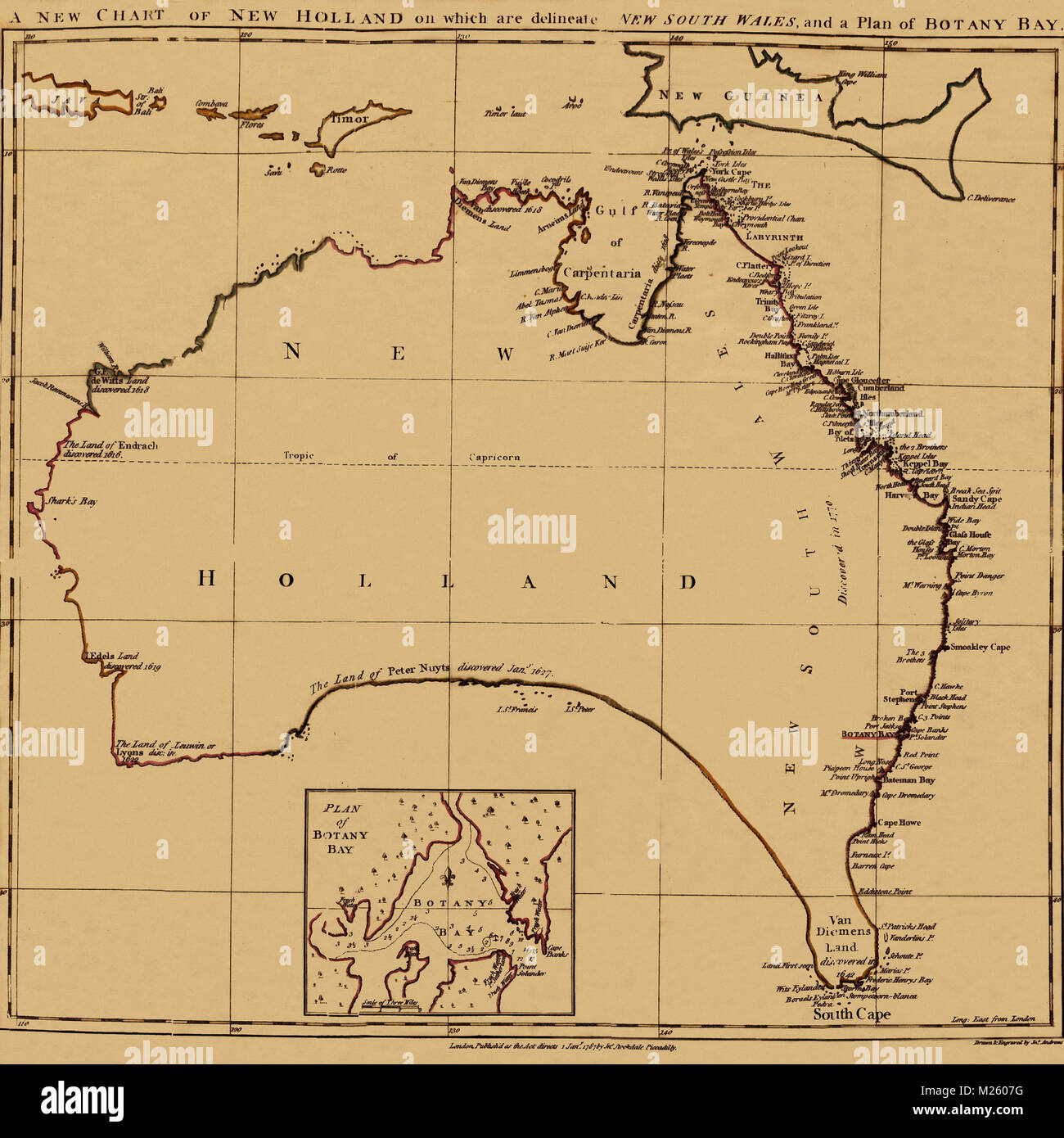 Historical map of Australia circa 1790. Stock Photo