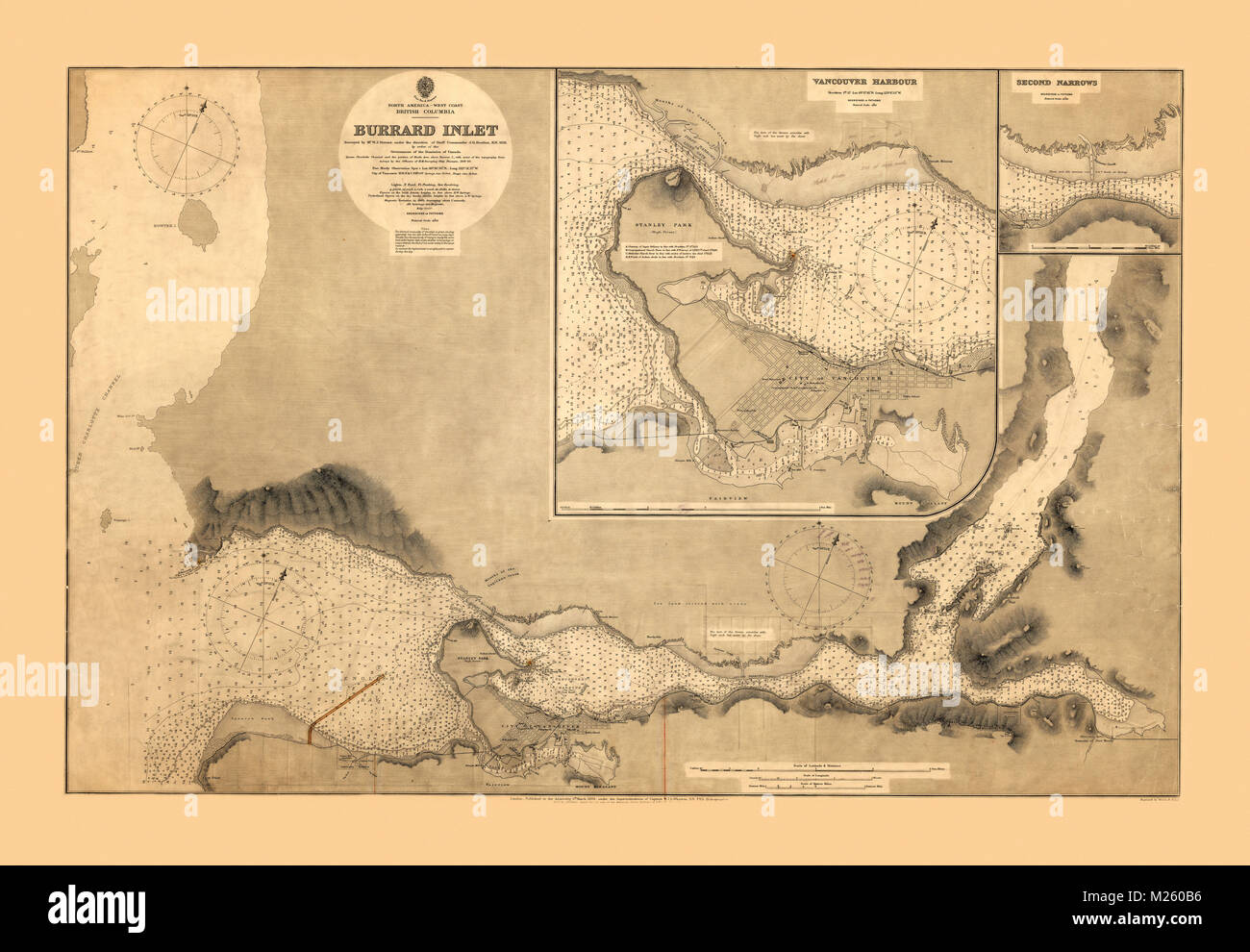 Historical map of Burrard Inlet, British Columbia circa 1891. Stock Photo