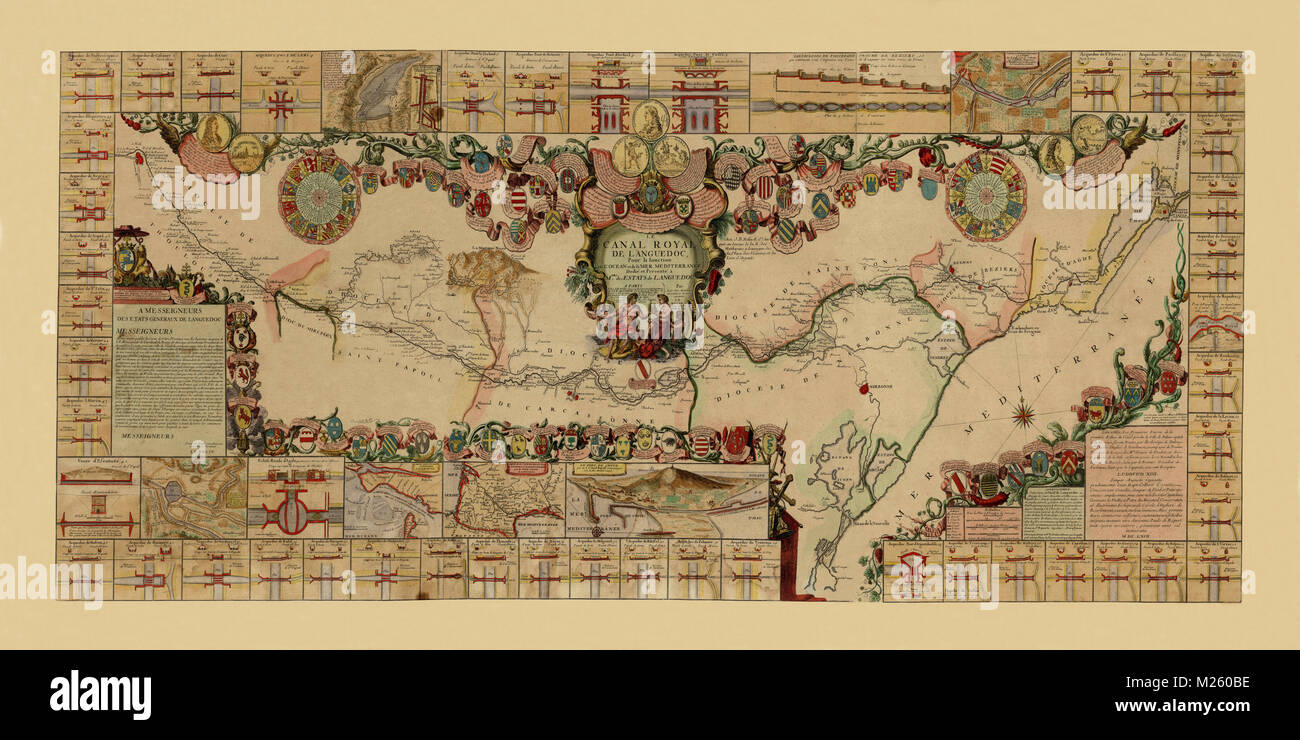 Historical map of the Canal du Midi circa 1697 Stock Photo Alamy