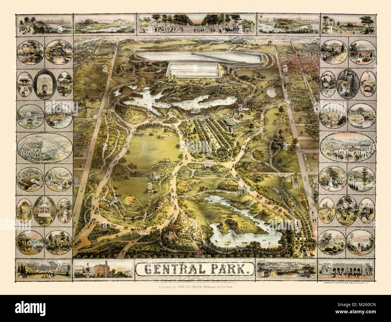 Pictorial map of Central Park circa 1863. Stock Photo