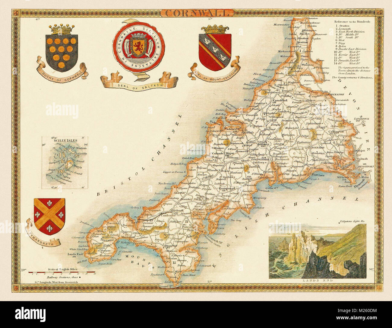 Historical map of Cornwall, England circa 1850. Stock Photo
