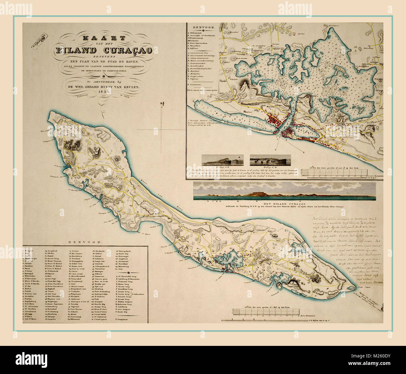 Historical map of Curacao circa 1836. Stock Photo
