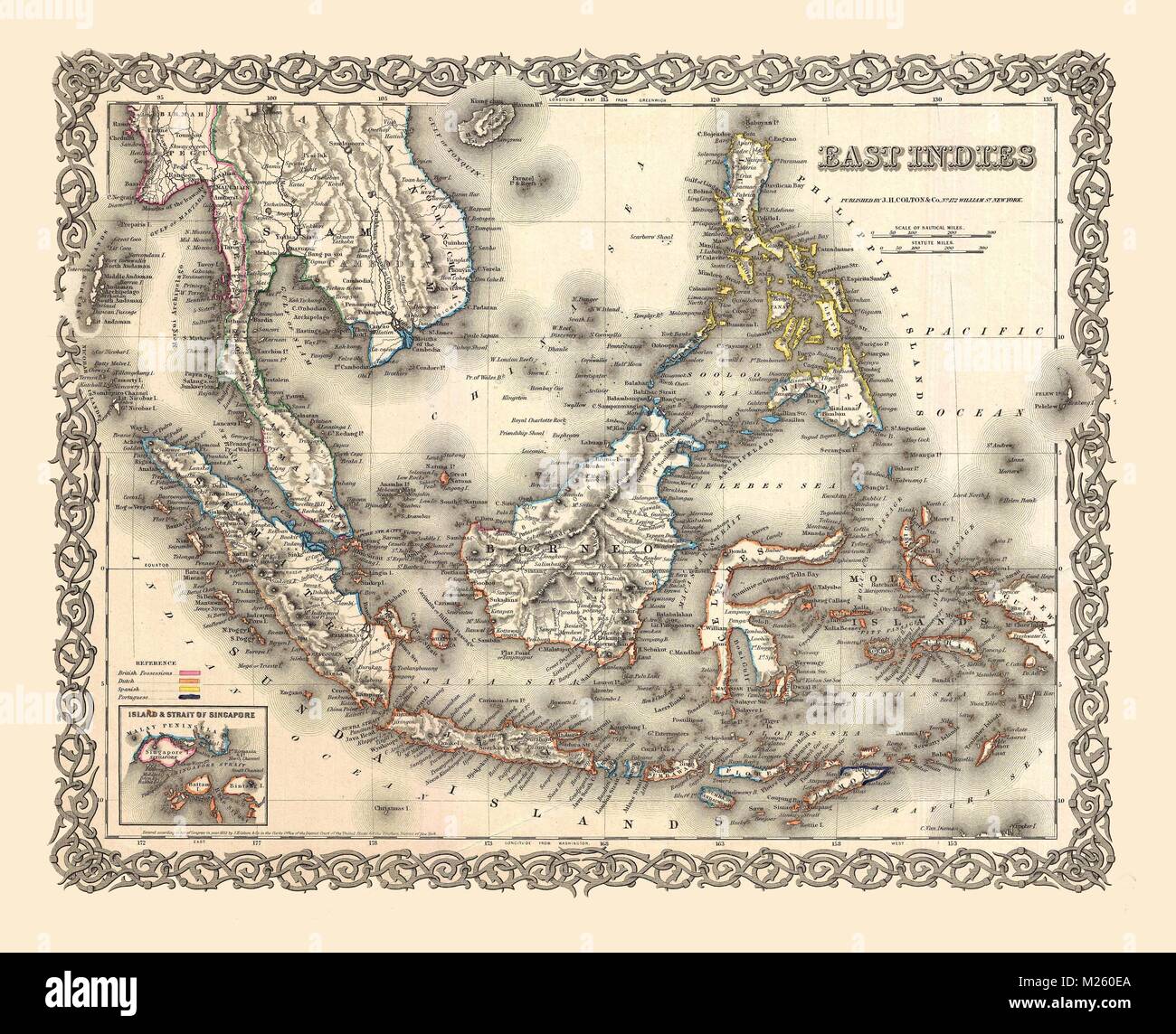 Historical map of the East Indies circa 1855. Stock Photo