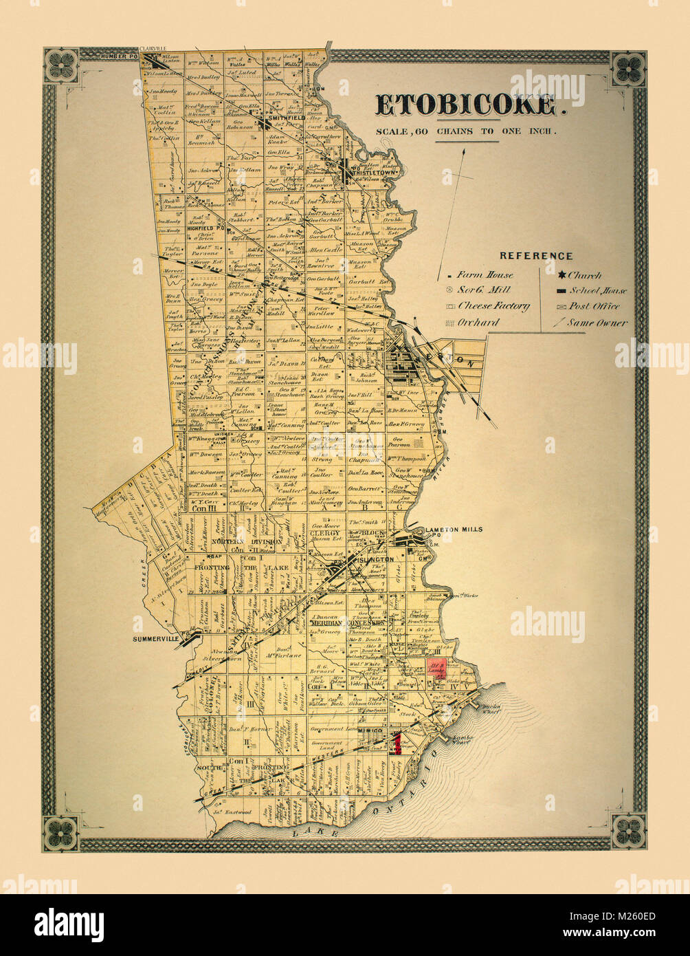 Historical map of Etobicoke, Toronto circa 1878 depicting landowners