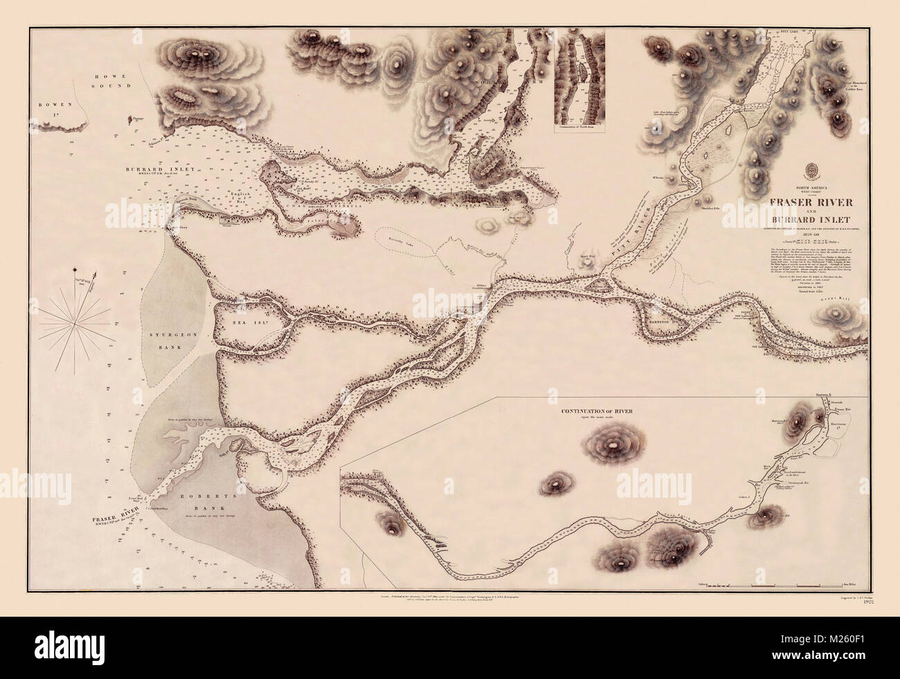 Historical map of the Fraser River in British Columbia circa 1860. Stock Photo