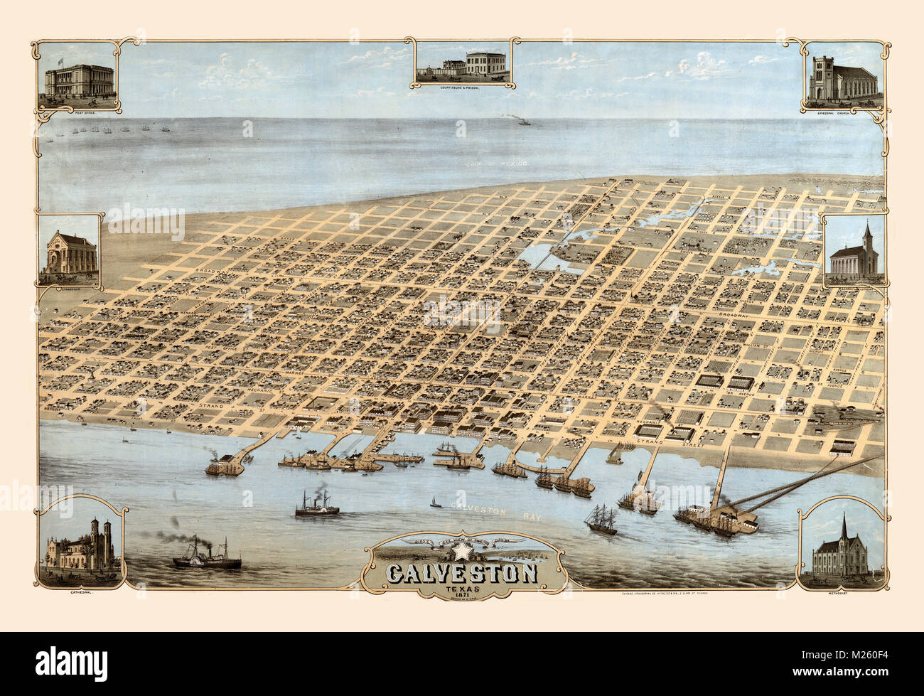 Historical panorama of Galveston, Texas circa 1871. Stock Photo