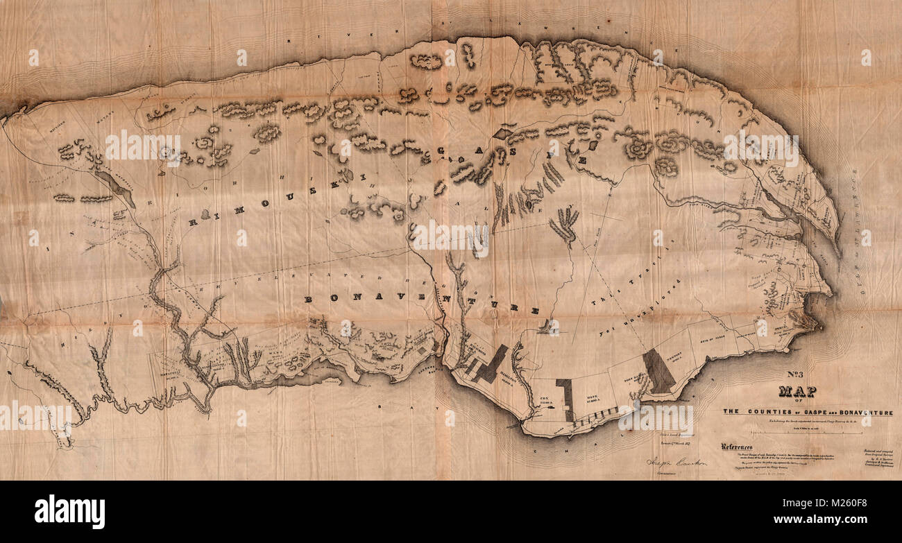Historical map of the Gaspe Peninsula circa 1857. Stock Photo