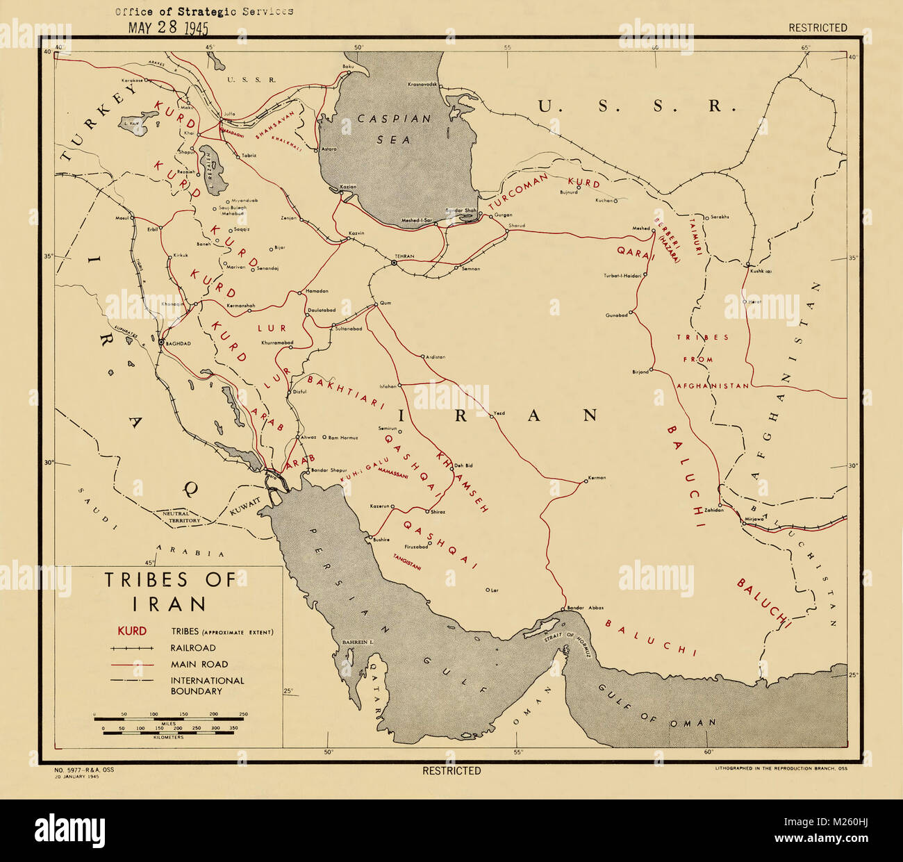 Historical map of Tribes in Iran circa 1945. Stock Photo