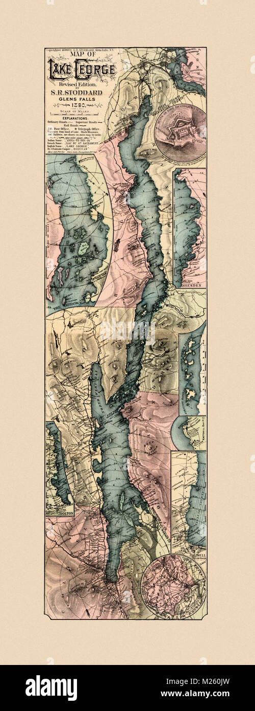 Historical map of Lake George, New York circa 1890. Stock Photo