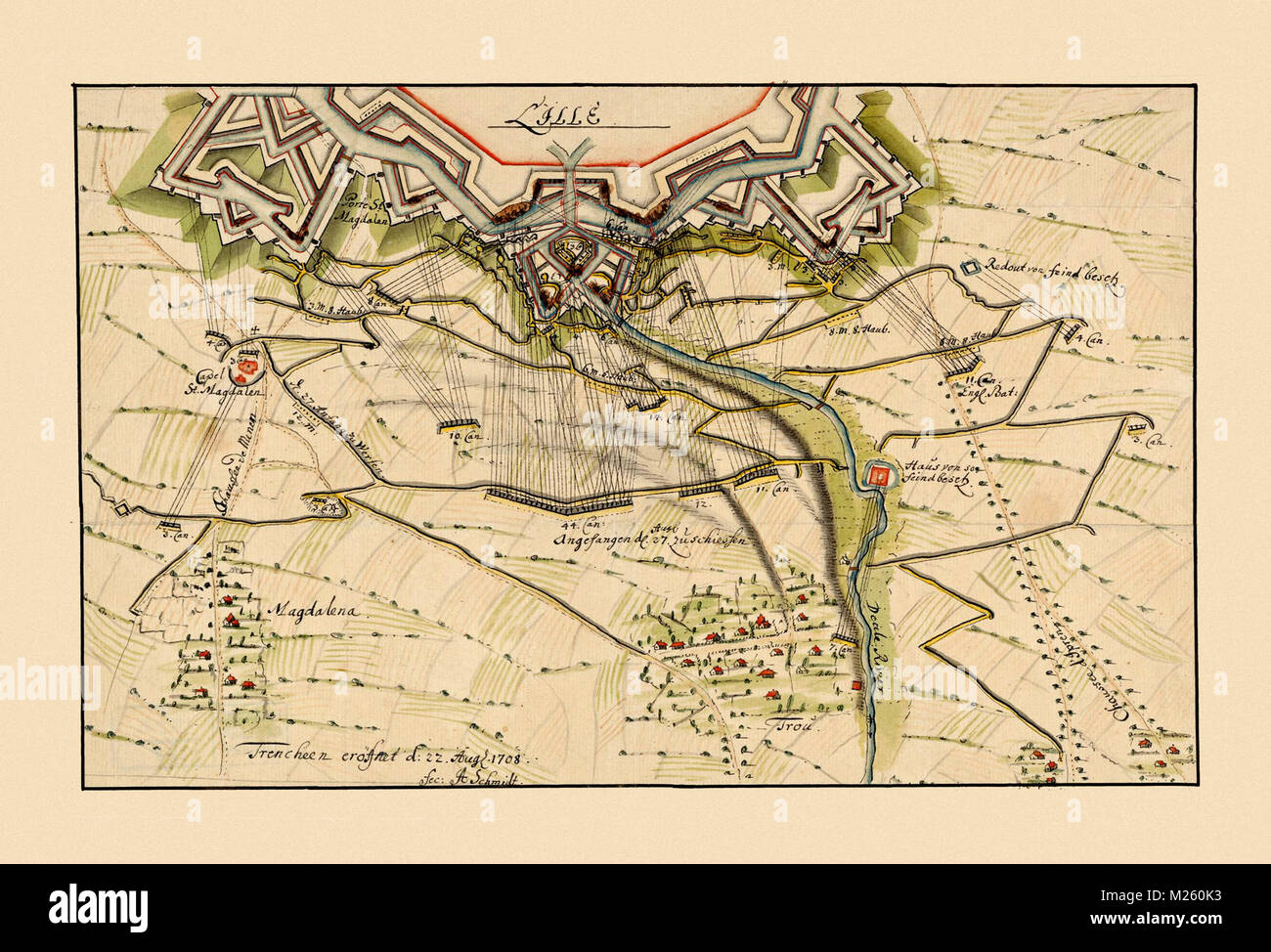 Historical map of Lille, France circa 1708. Stock Photo