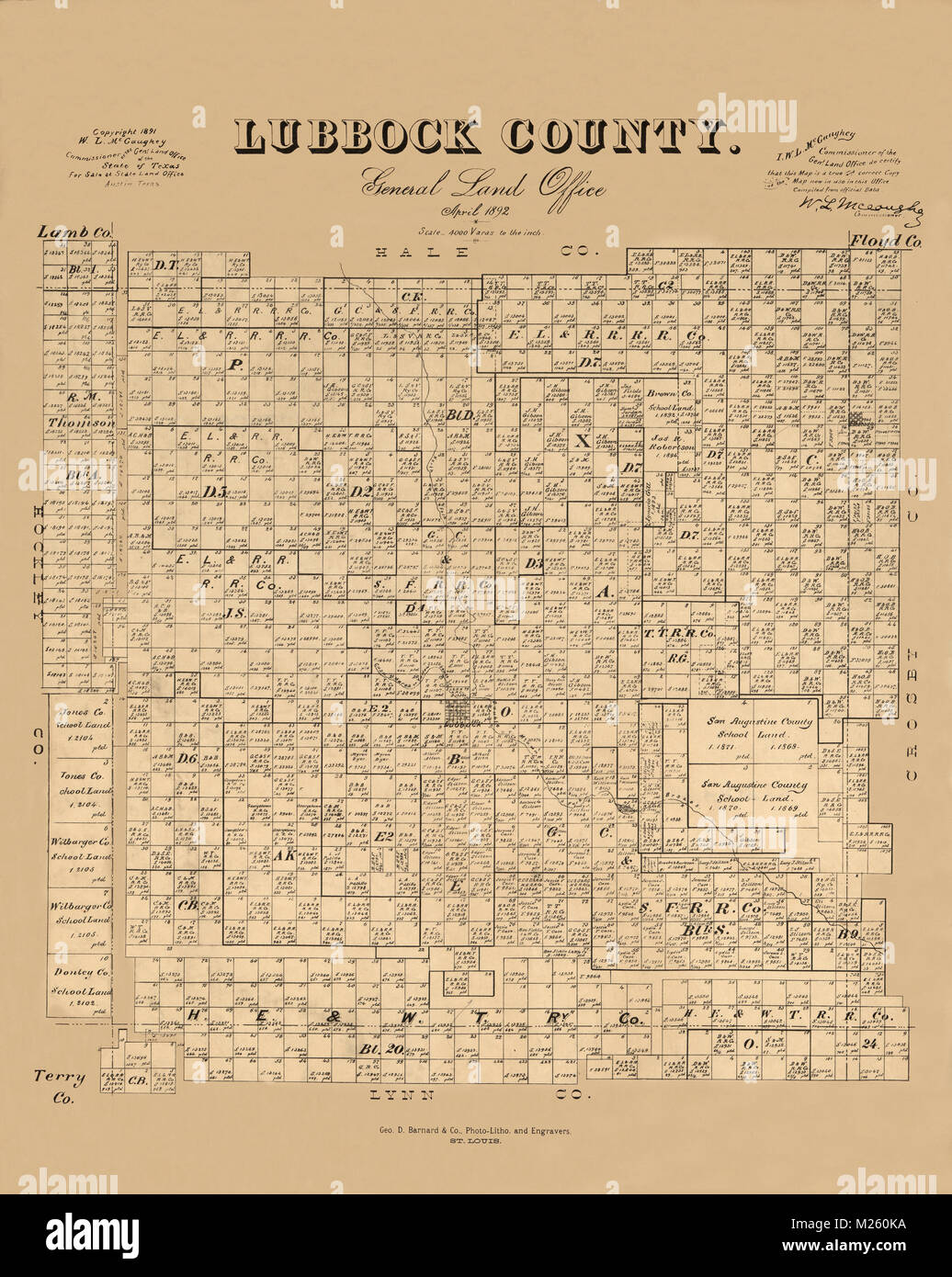 Historical landowners map of Lubbock, Texas circa 1892. Stock Photo