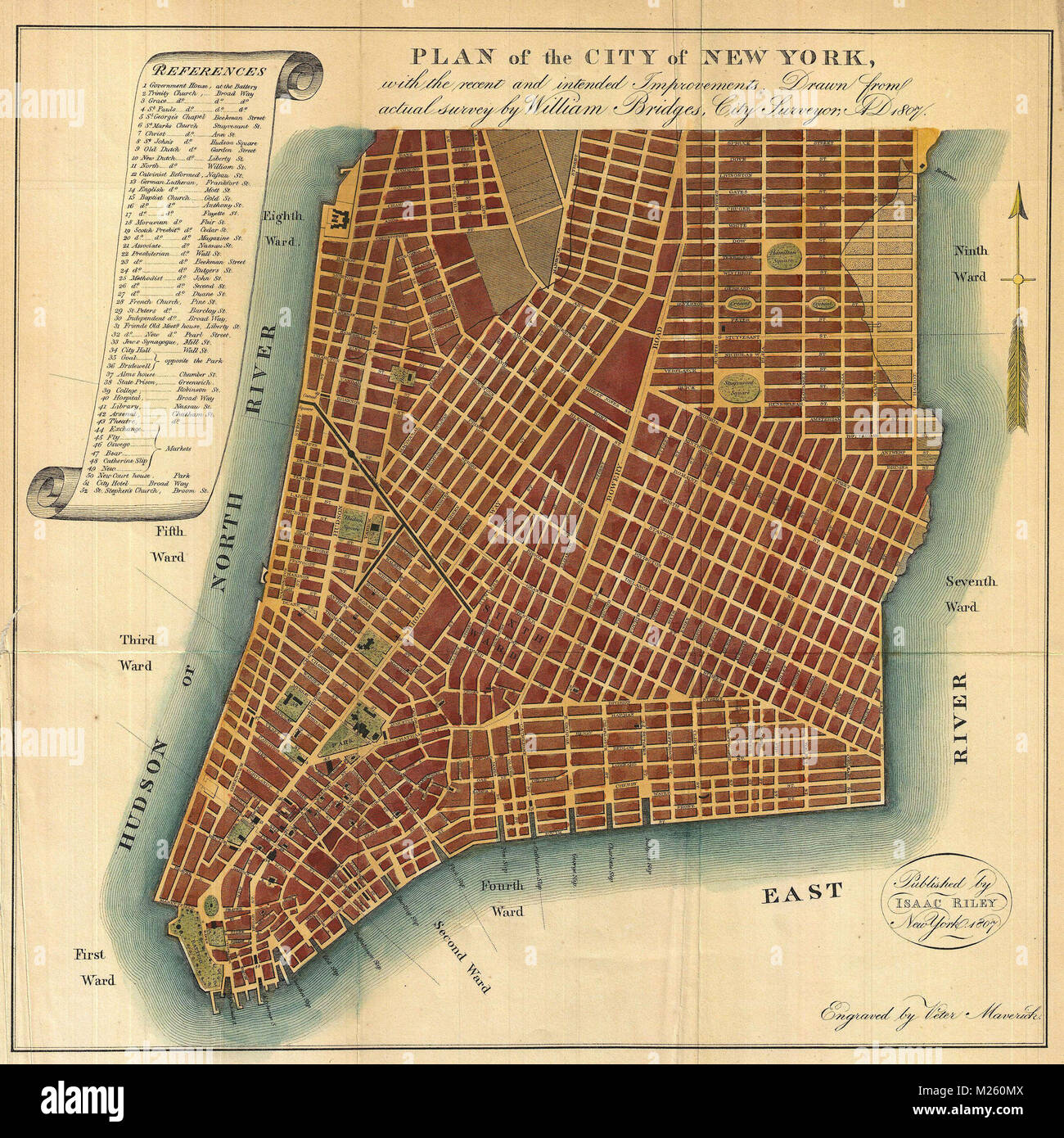 Historical map of Lower Manhattan circa 1807. Stock Photo