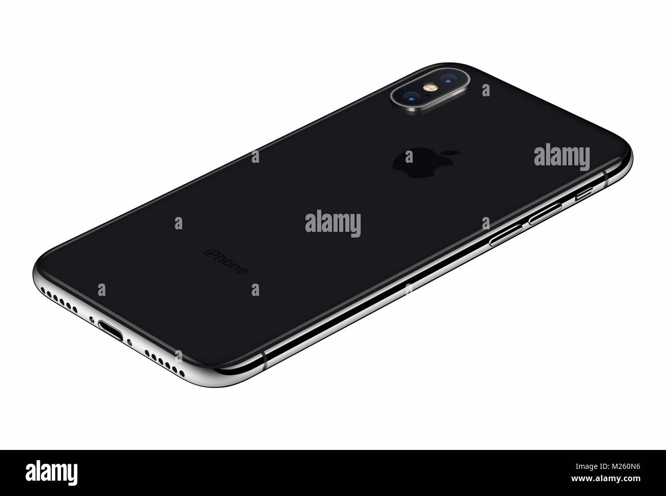 Perspective view black Apple iPhone X back side isolated on white background. iPhone 10 is the newest smartphone of Apple inc with frameless design. Stock Photo