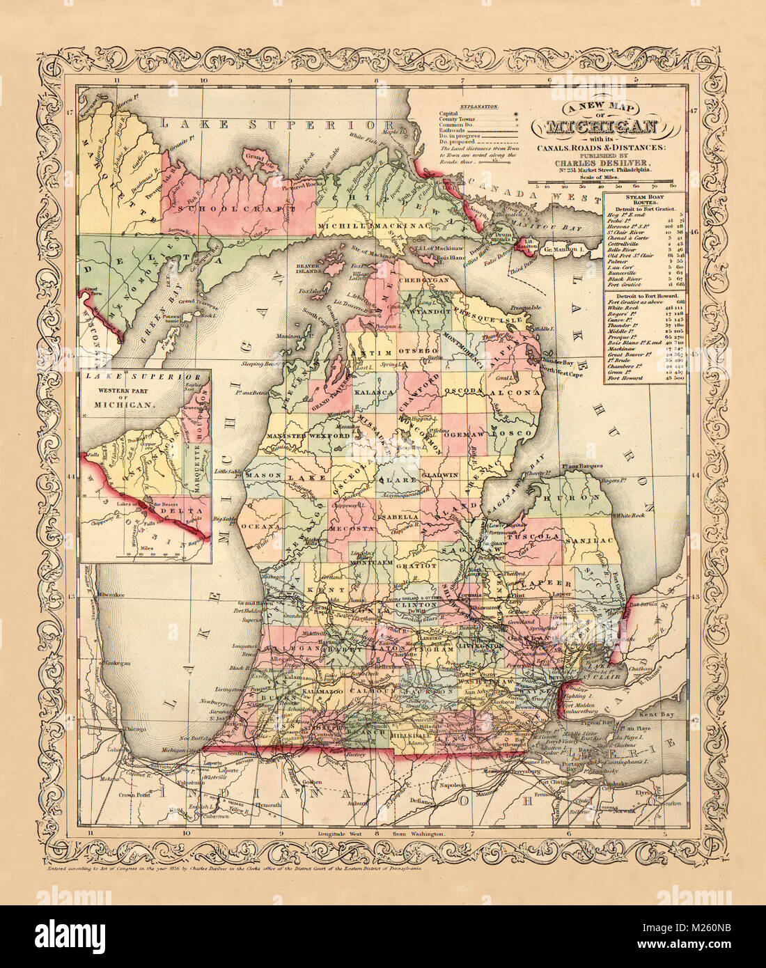 Historical map of Michigan circa 1856 Stock Photo - Alamy