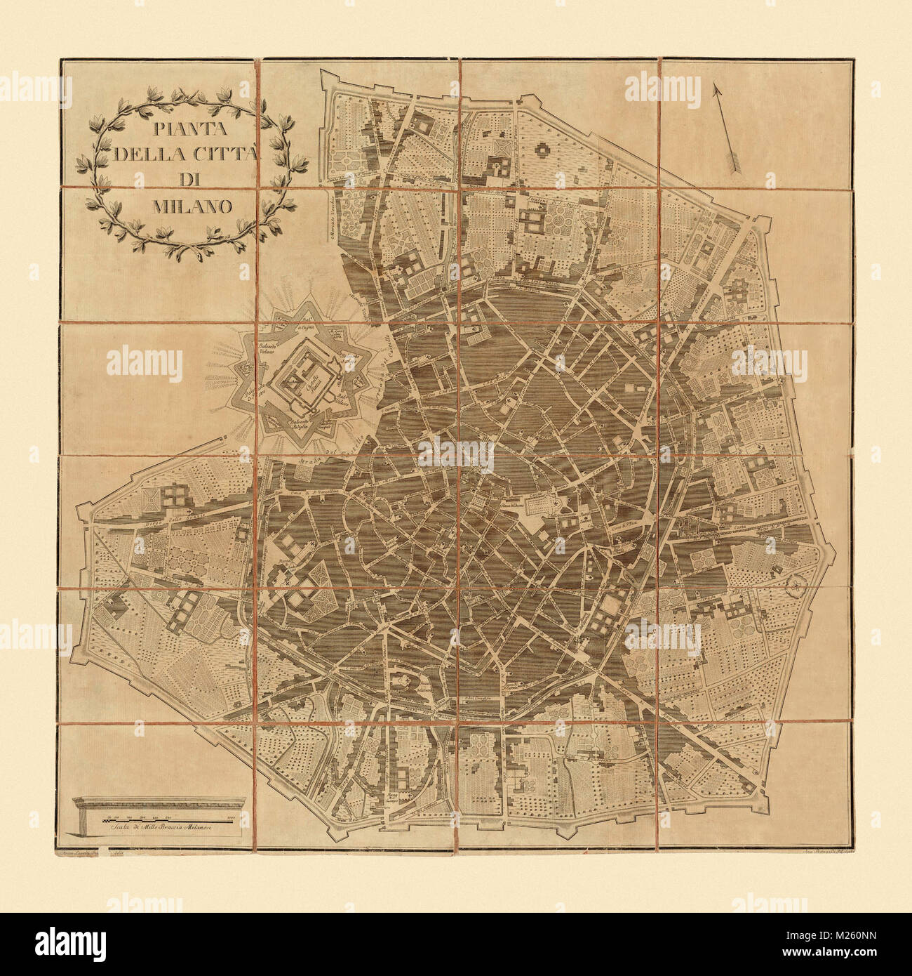 Historical map of Milan, Italy circa 1788. Stock Photo