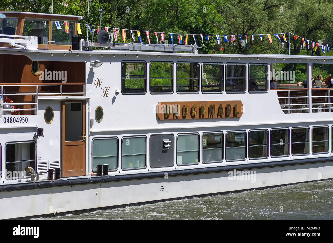 The excursion boat Bruckmadl on the Danube River, Regensburg, Bavaria, Germany. Stock Photo