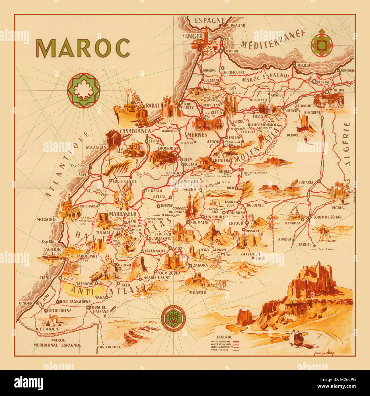 Pictorial map of Morocco circa 1950. Stock Photo