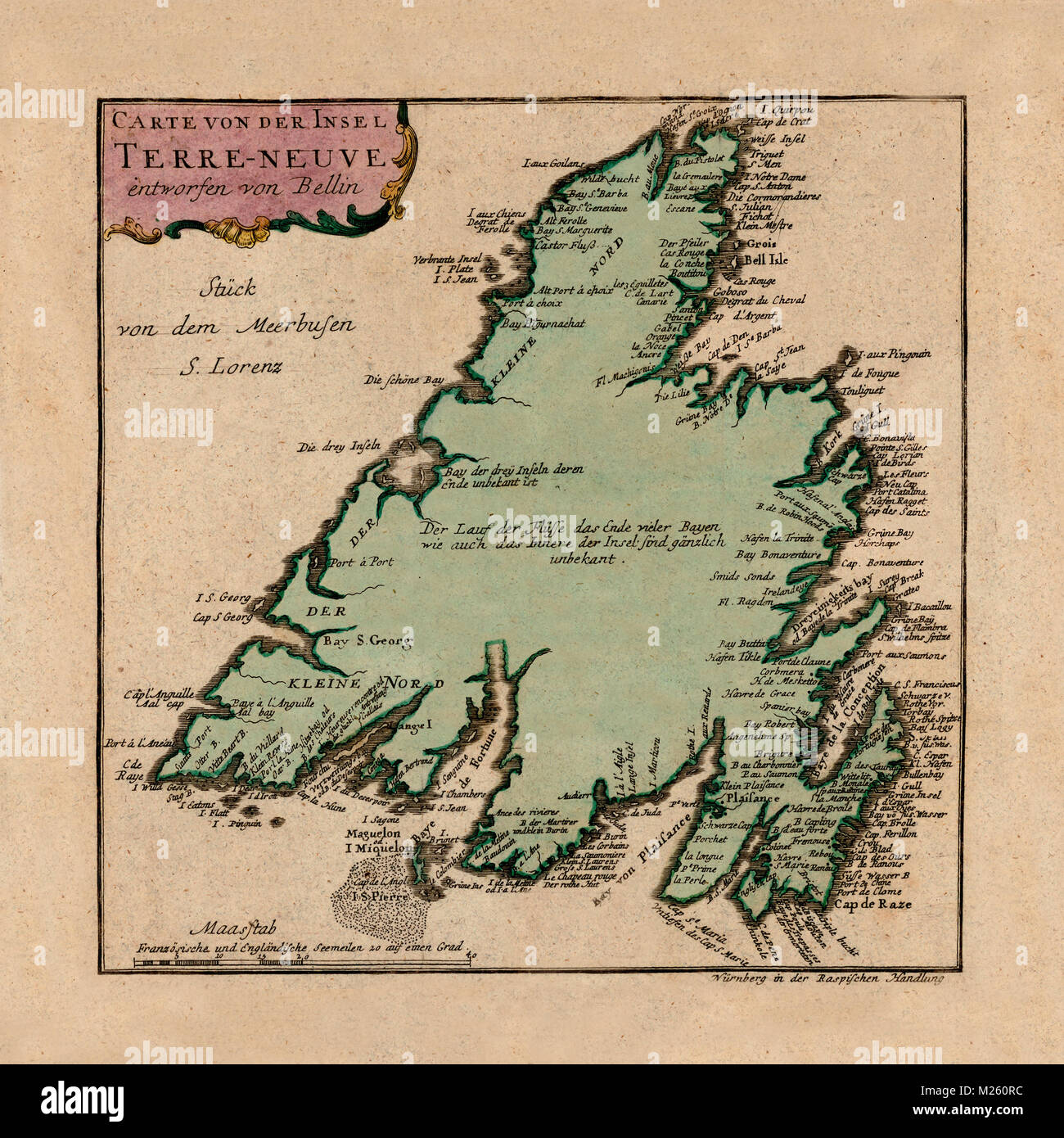 Historical map of Newfoundland circa 1785. Stock Photo