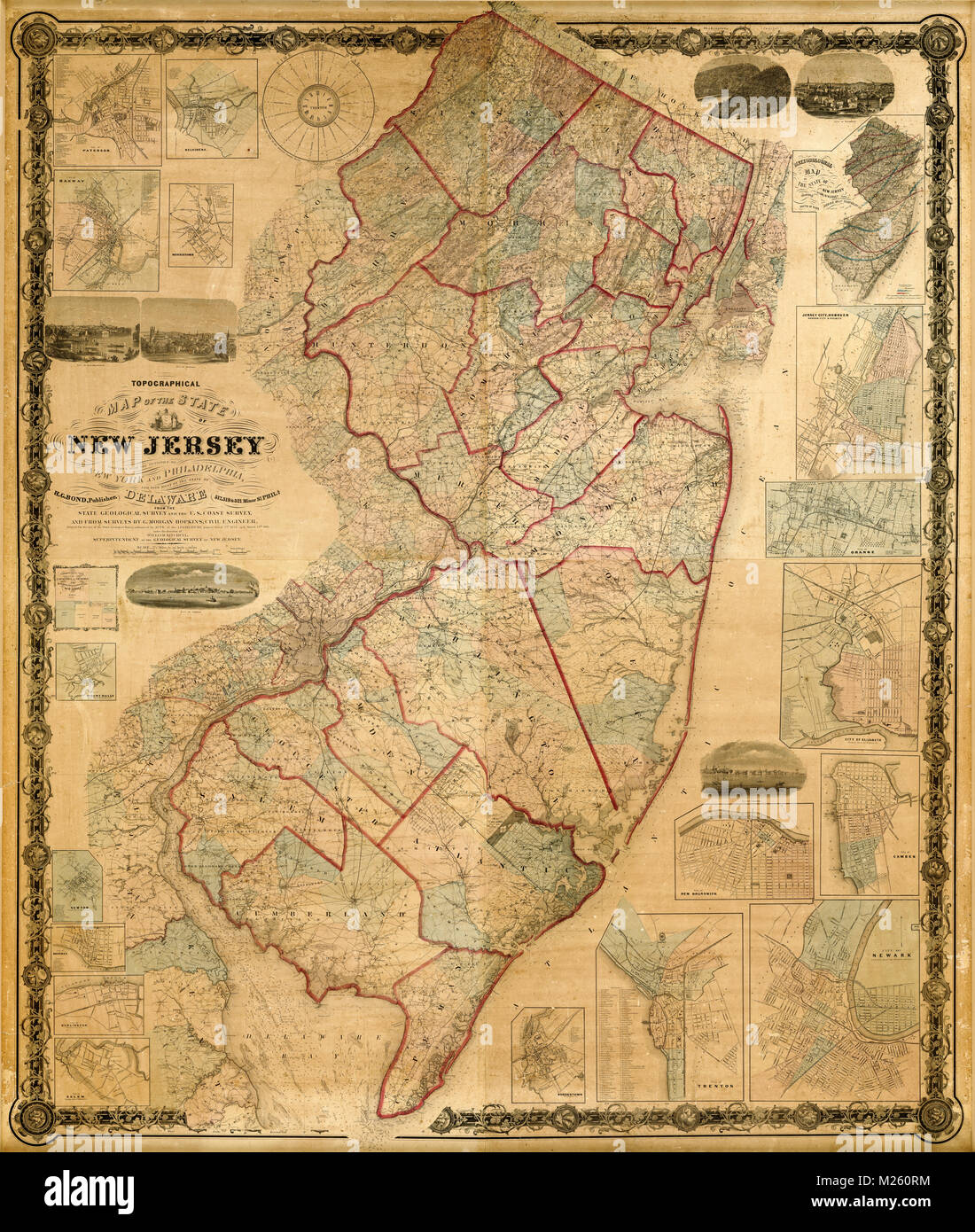 Historical map of New Jersey circa 1860. Stock Photo