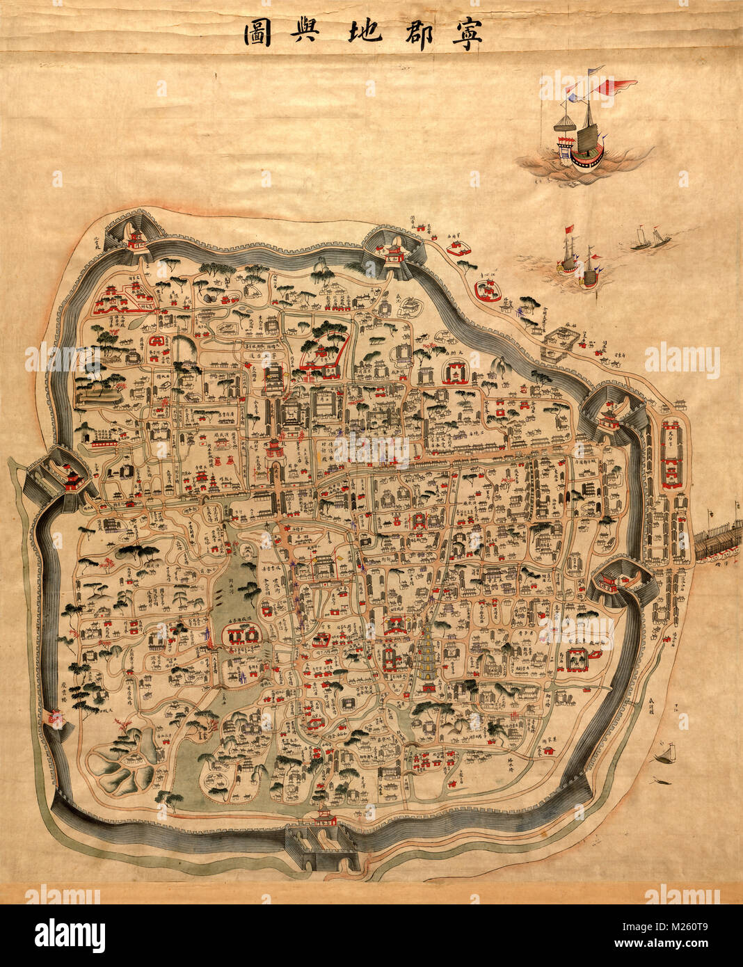 Historical map of Ningbo, China circa 1850. Stock Photo