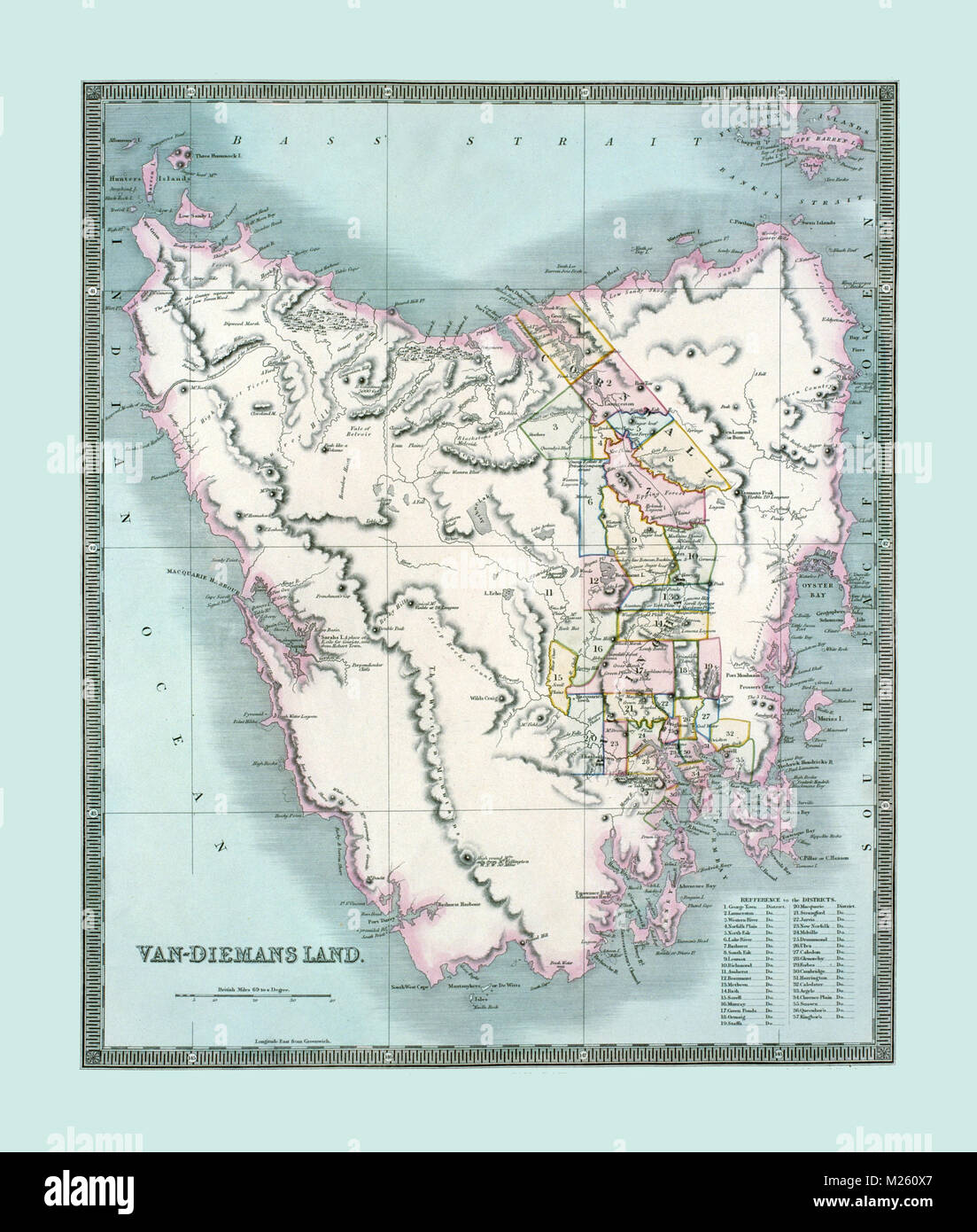 Historical map of Tasmania circa 1835. Stock Photo