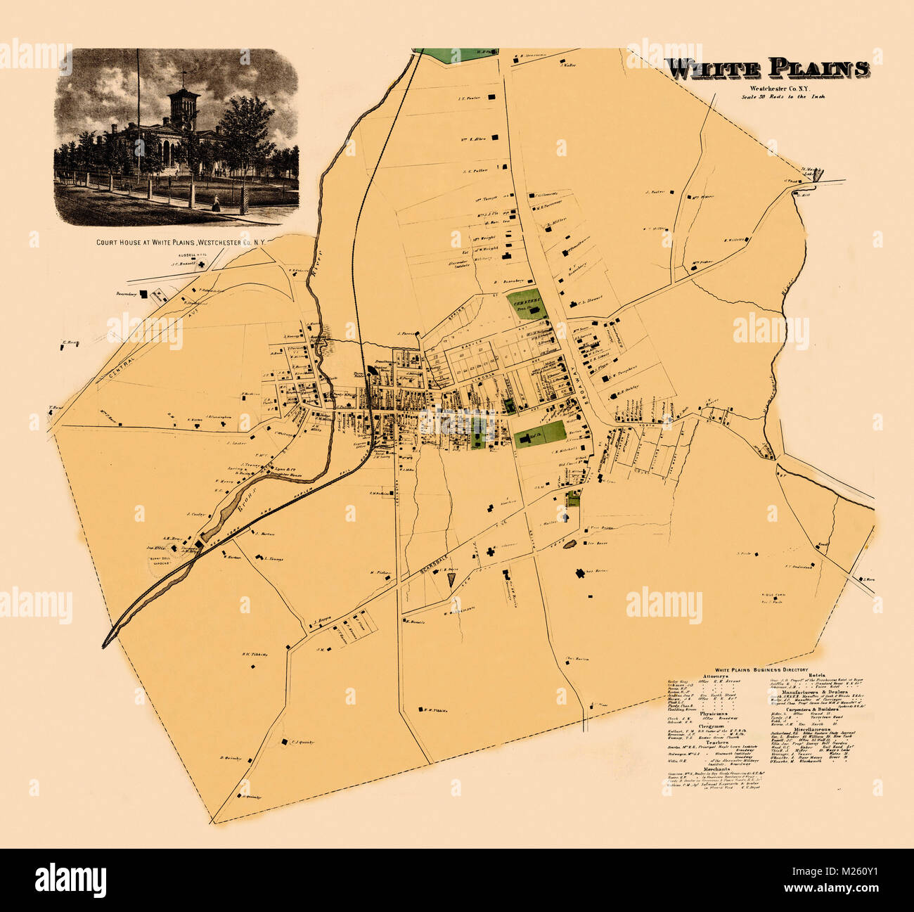 Historical map of White Plains, New York circa 1868. Stock Photo