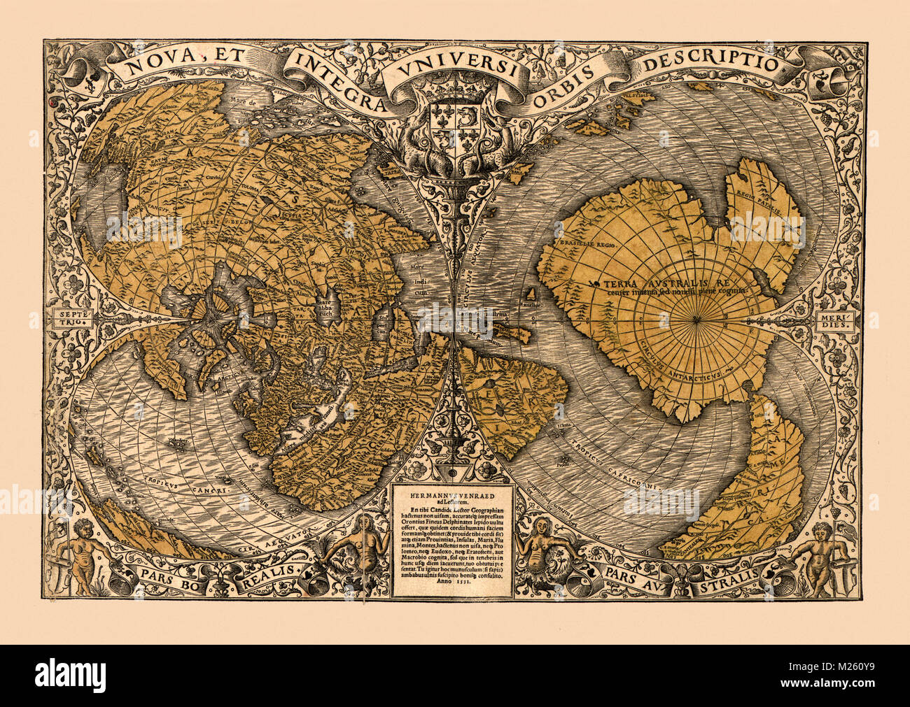 Historical map of the World circa 1531. Stock Photo