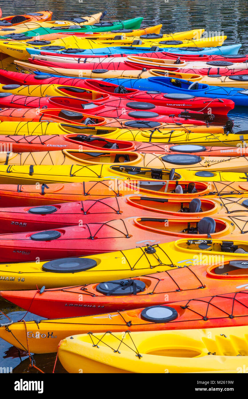 Colorful kayaks for rent in Rockport, MA harbor Stock Photo